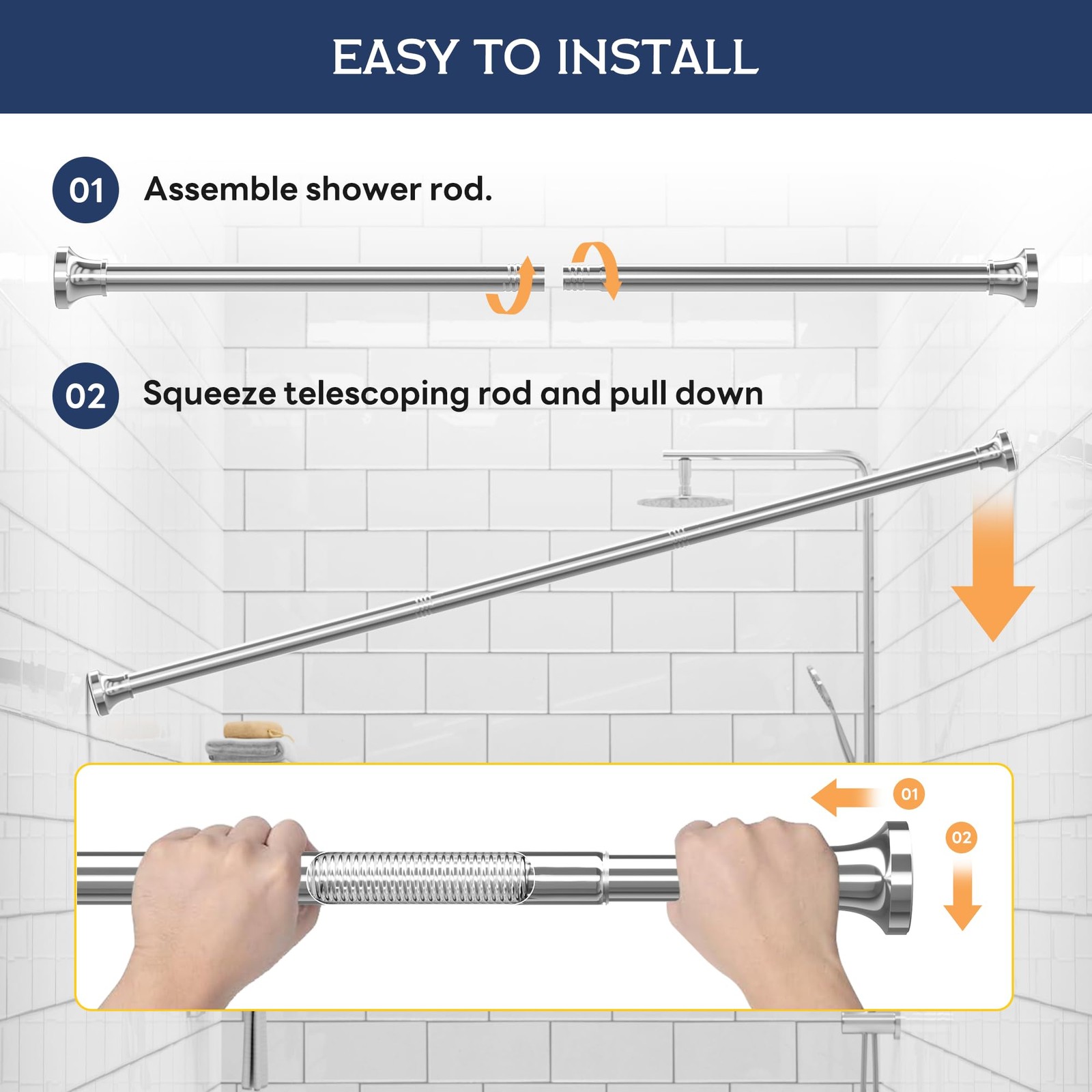 Shower Curtain Rod Spring Tension,Adjustable Stainless Steel 31-80 IN Chrome