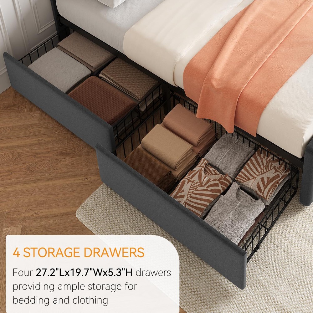 Full Size Bed Frame & Headboard Upholstered Platform w/4 Storage Drawers Modern