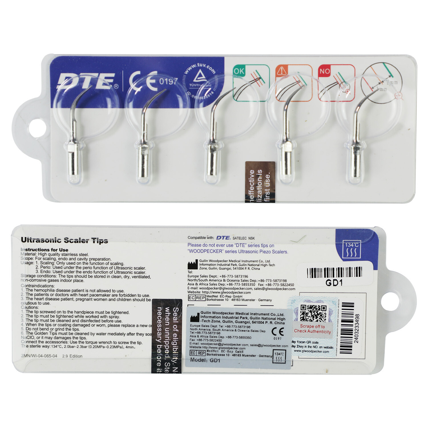 Woodpecker DTE Dental Ultrasonic Scaler Scaling Endo Perio Tips E ED G GD P PD