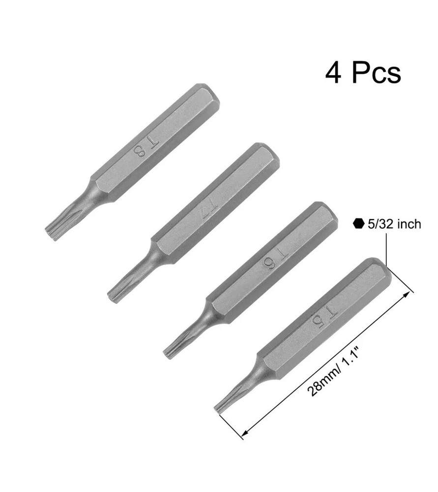 Torx Bits Set 4pcs 5/32” Hex System 4 Shank T5 TR6 T7H TR8 Screwdriver Micro 28m