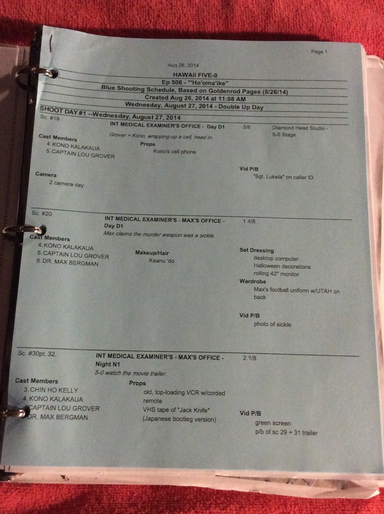 HAWAII FIVE-O ORIGINAL SCRIPT 506 NOTES SCHEDULE + 2014 HO' OMA IKE