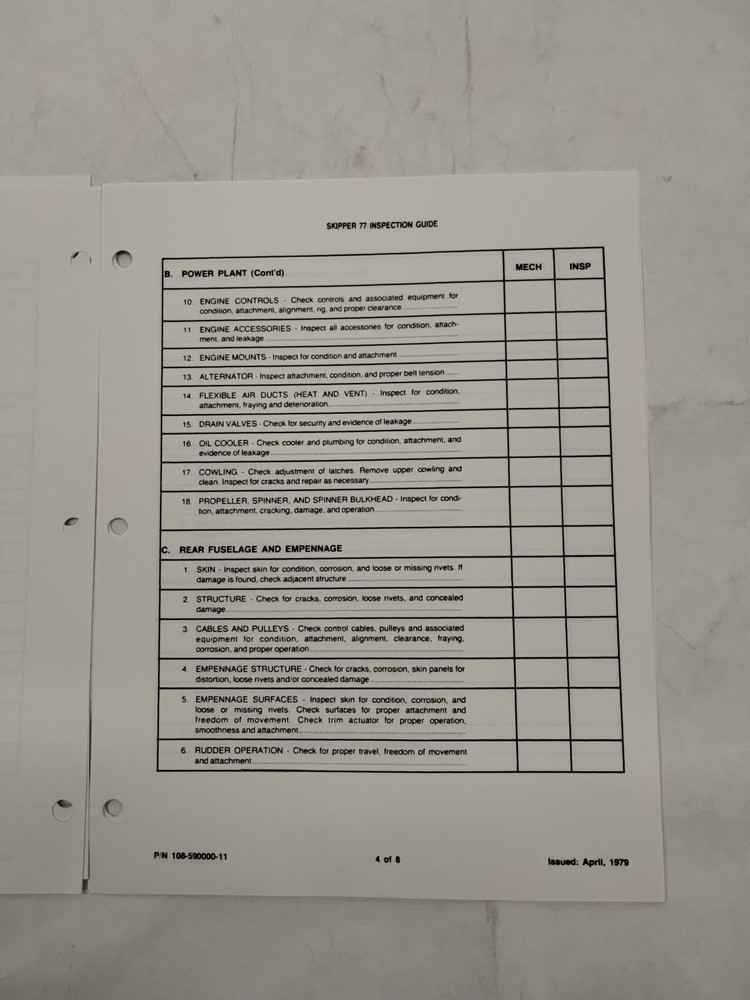 Beechcraft Model Skipper 77 Inspection Guide (12-Sets)-Original