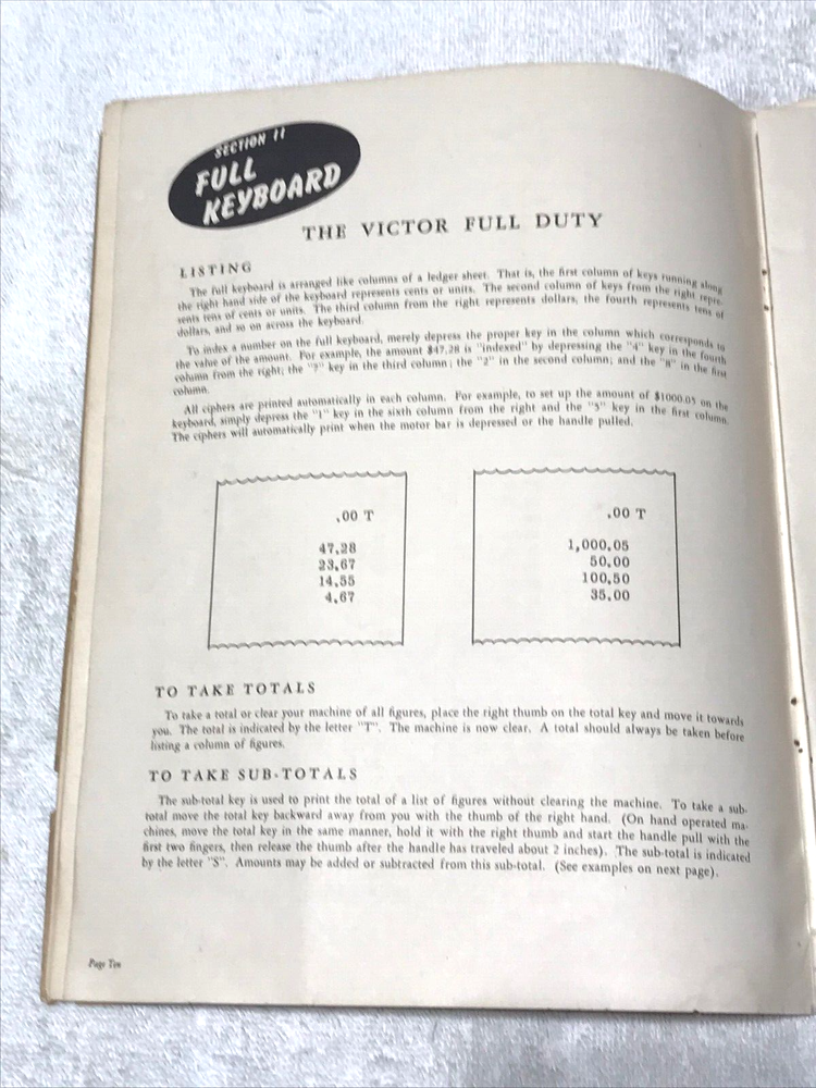 Vtge. Victor Adding Machine Operating Manual for Custom 60 & 70 Line Models.