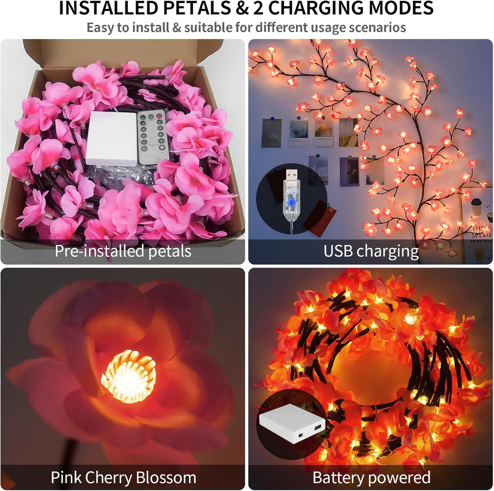 Cherry Blossom LED Vine Lights with Remote Timer, 4FT, 48 LEDs