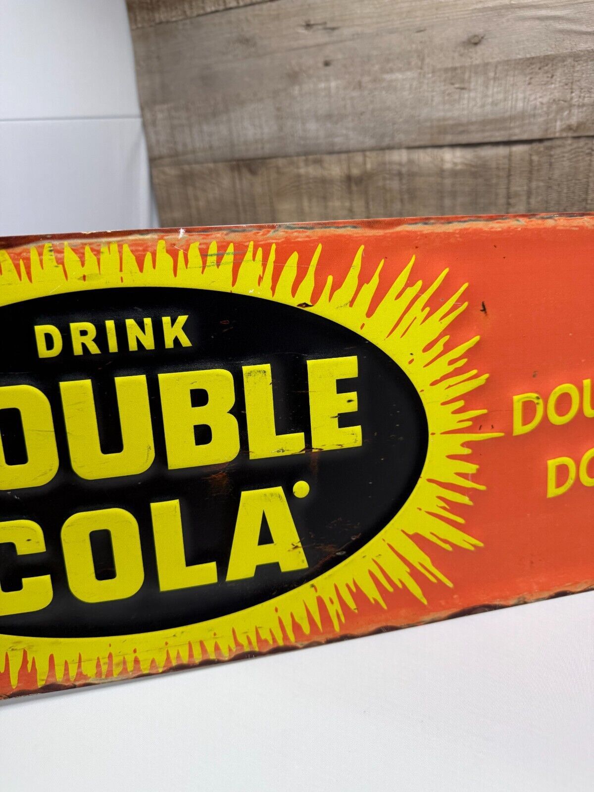 "DOUBLE COLA" EMBOSSED METAL ADVERTISING SIGN, (26"x 8") AWESOME SIGN