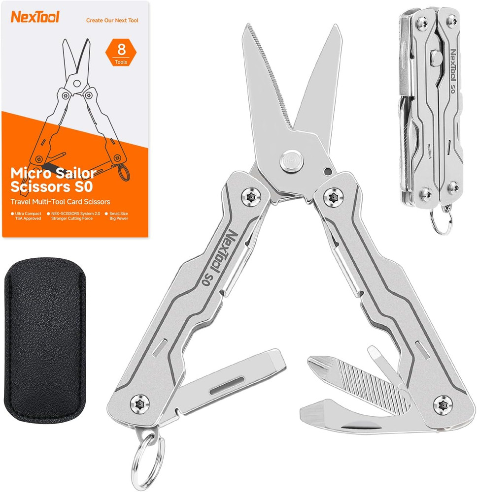 Micro Sailor Scissors S0, Mini Keychain Multitool with Serrated Scissors, 8-In-1