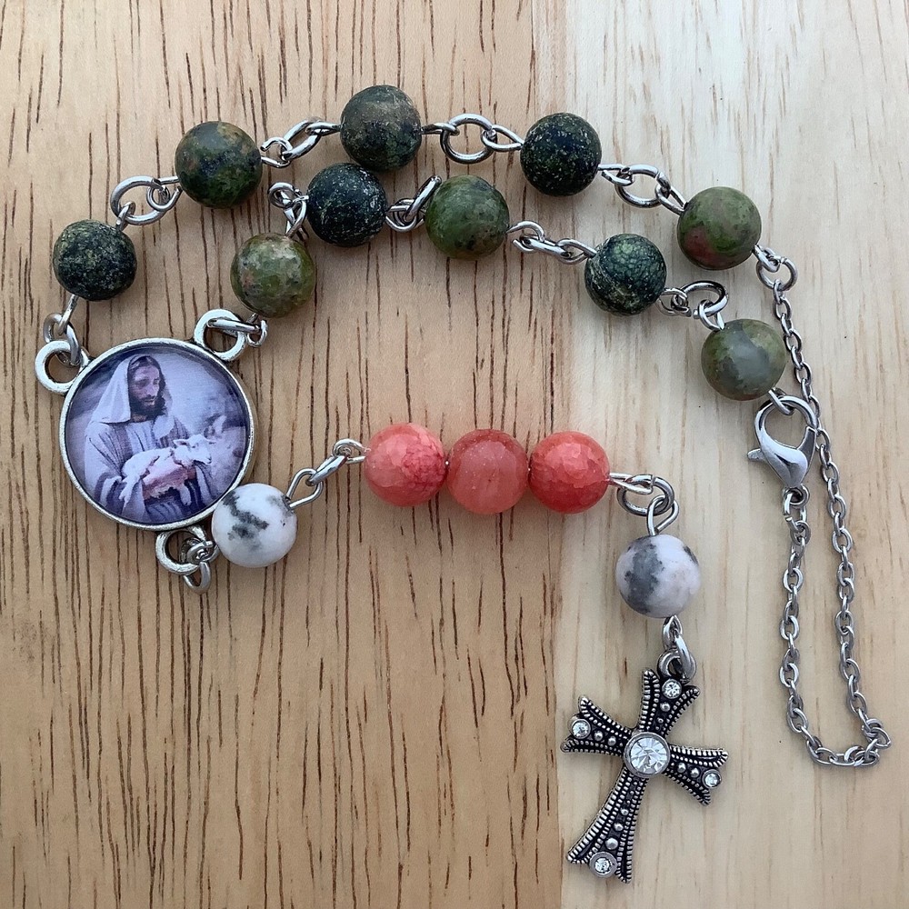 Car Rosary, Rearview Mirror Hanging Accessory, Handmade, Green & Red Stone Beads