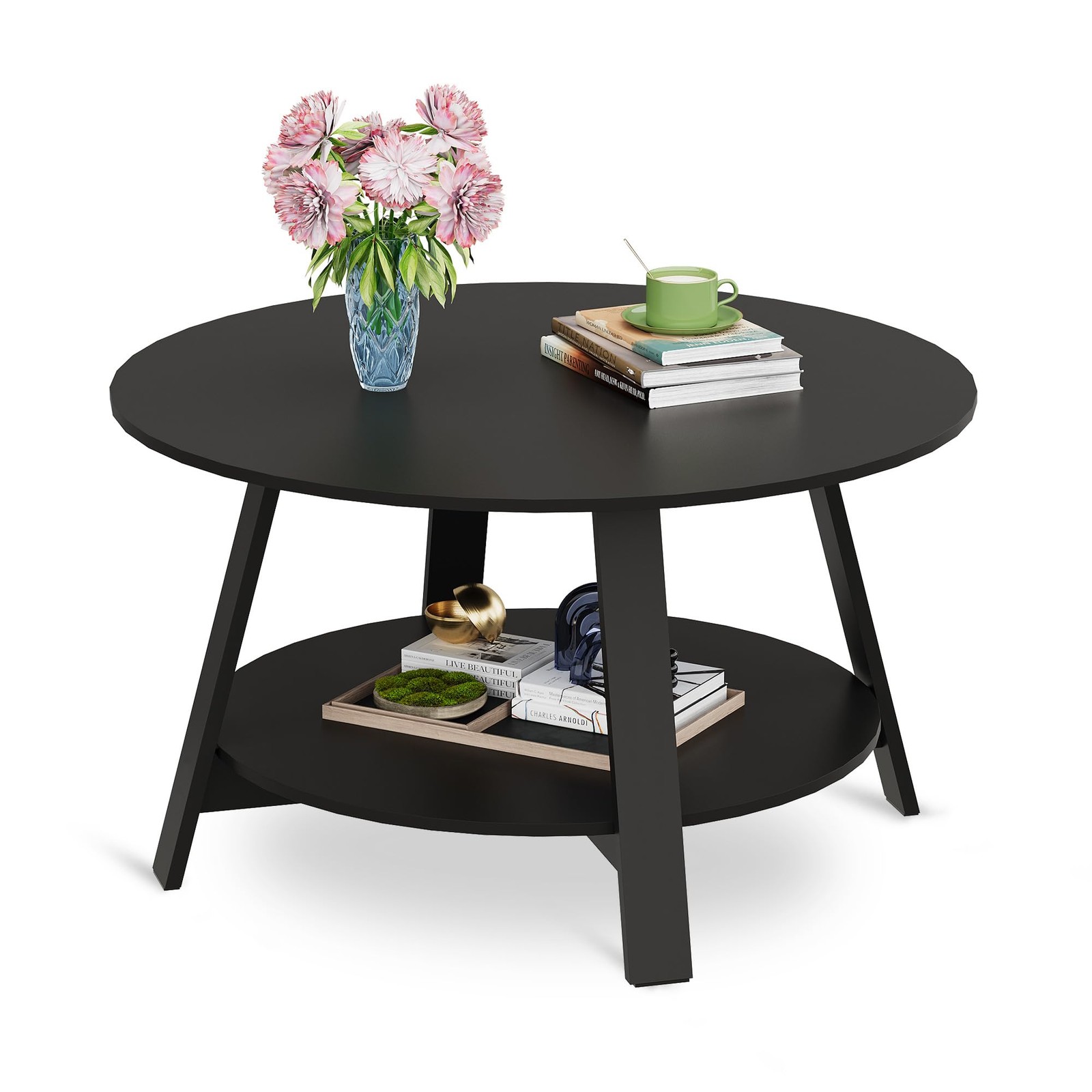 31.5 Inch Wood Black Round Coffee Table For Living Room With Storage Clearance