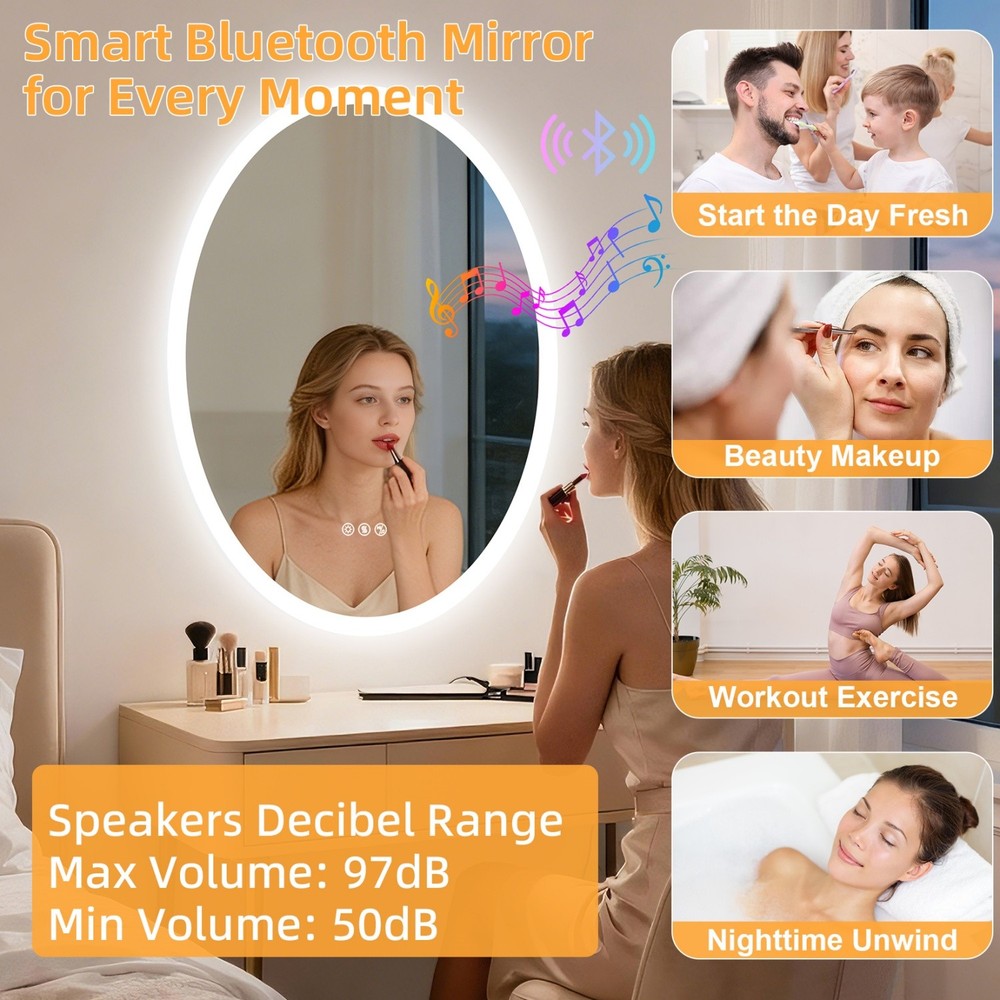 Oval LED Bathroom Bluetooth Mirror Touch Antifog Memory 3 Color Light Adjustable