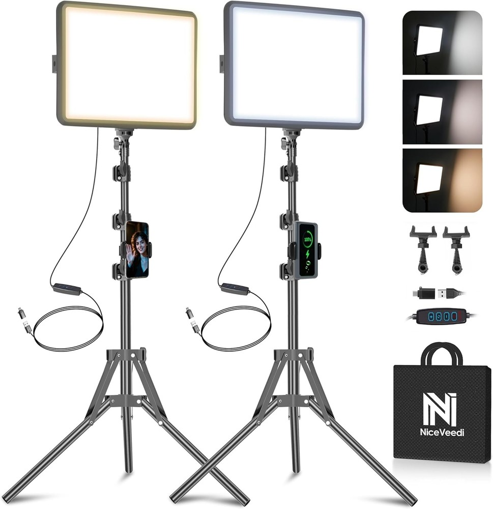 Professional 2-Pack LED Video Light Kit with Adjustable Tripods & Remote Control