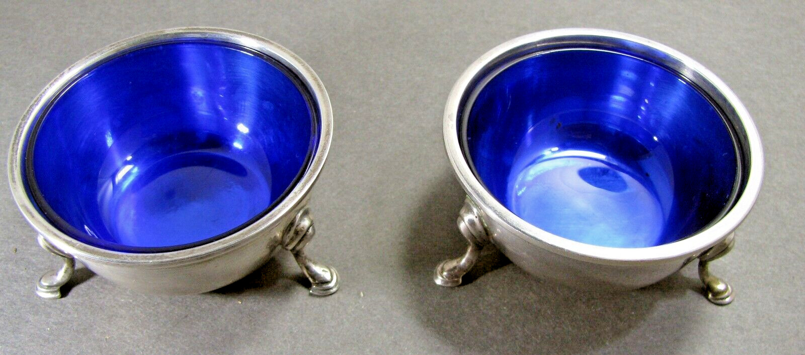 Sterling Silver Open Salt Cellars Pair with Cobalt Blue Liners