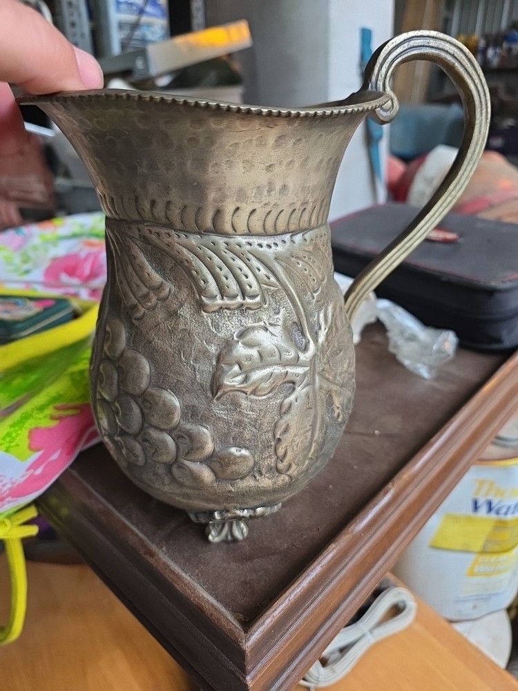 Antique Wine Pitcher, silver plated Vinyard Style 9"ish HAMMERED