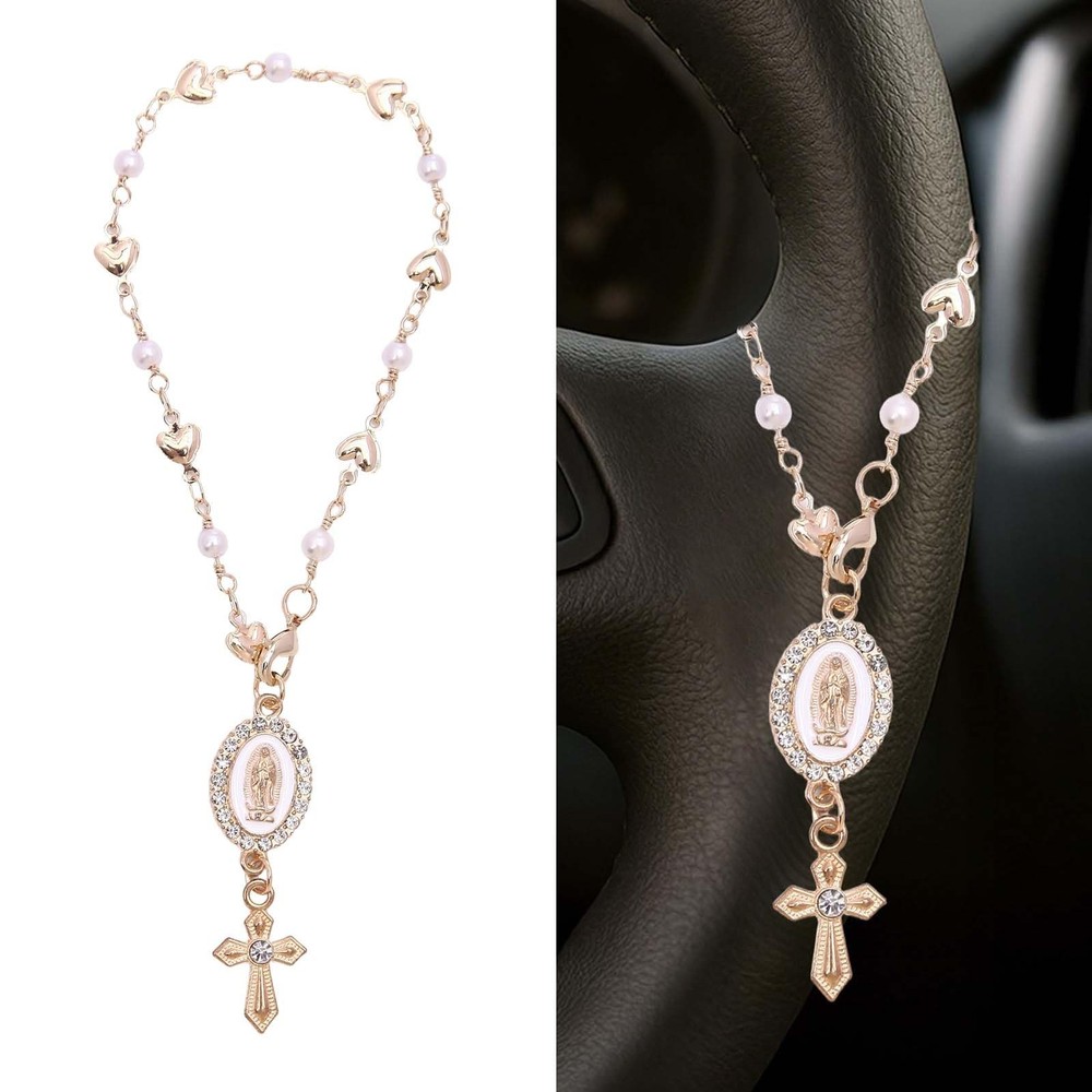 Steering Wheel Rosary Charm, Accessory with Small, White