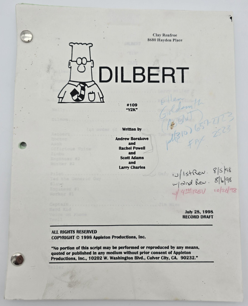 DILBERT / Larry Charles 1998 TV Script, Daniel Stern & Chris Elliott "Y2K"