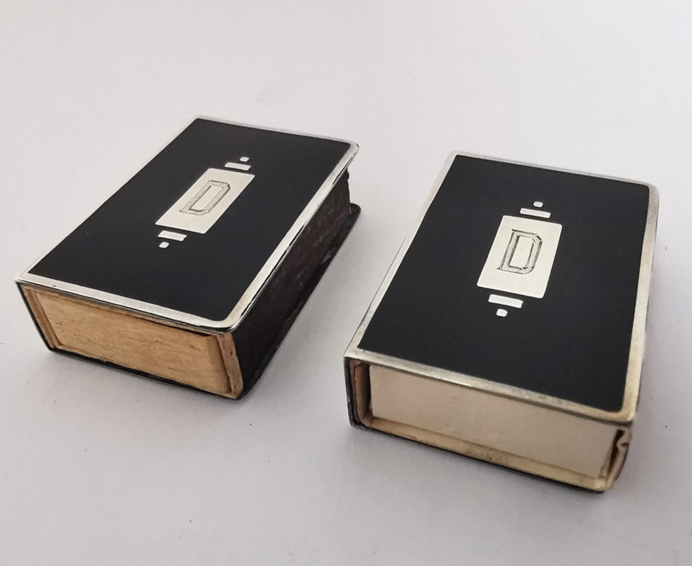 Pair Of Solid Silver & Enamel Match Box Holders.