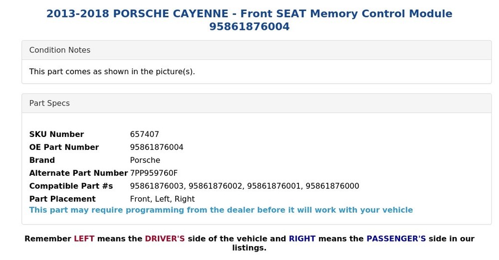 2013-2018 PORSCHE CAYENNE - Front SEAT Memory Control Module 95861876004