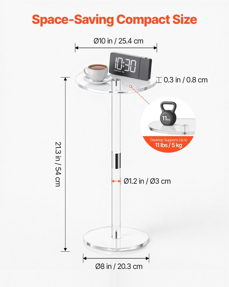 Acrylic Drink Table, Clear End Table Round Top with Solid Post, Modern Acrylic C