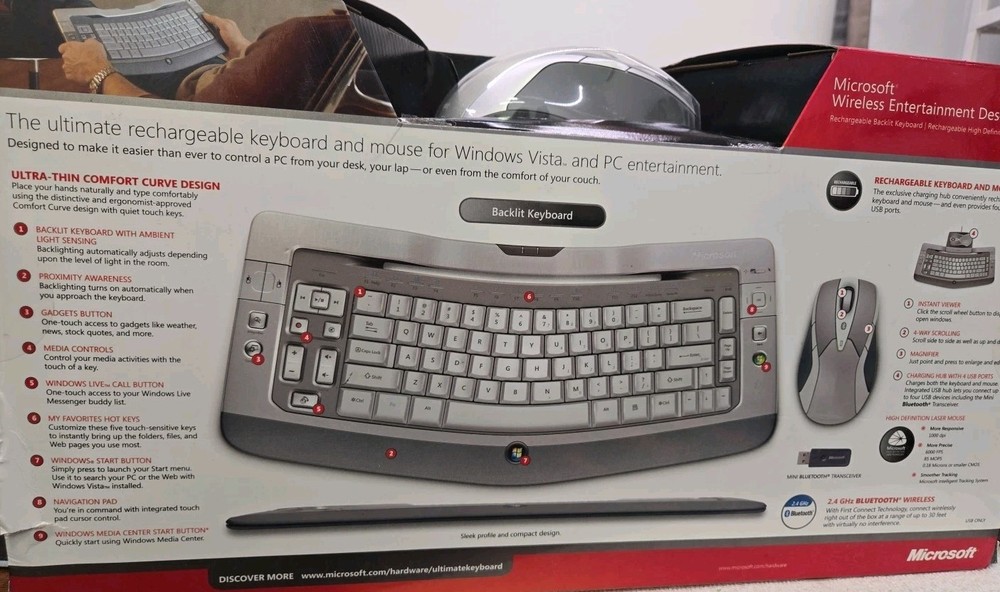 Microsoft Wireless Entertainment Desktop 8000 Keyboard BACKLIT COMBO Mouse NEW