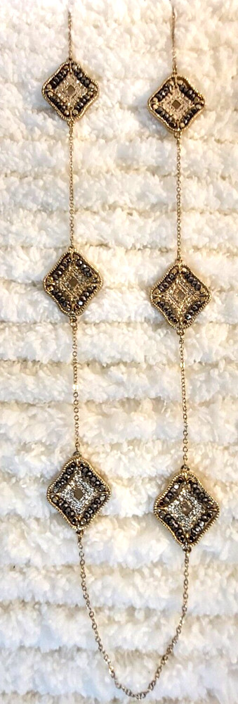 Diamond Shape Hematite Black Bead Statement Lariat Necklace