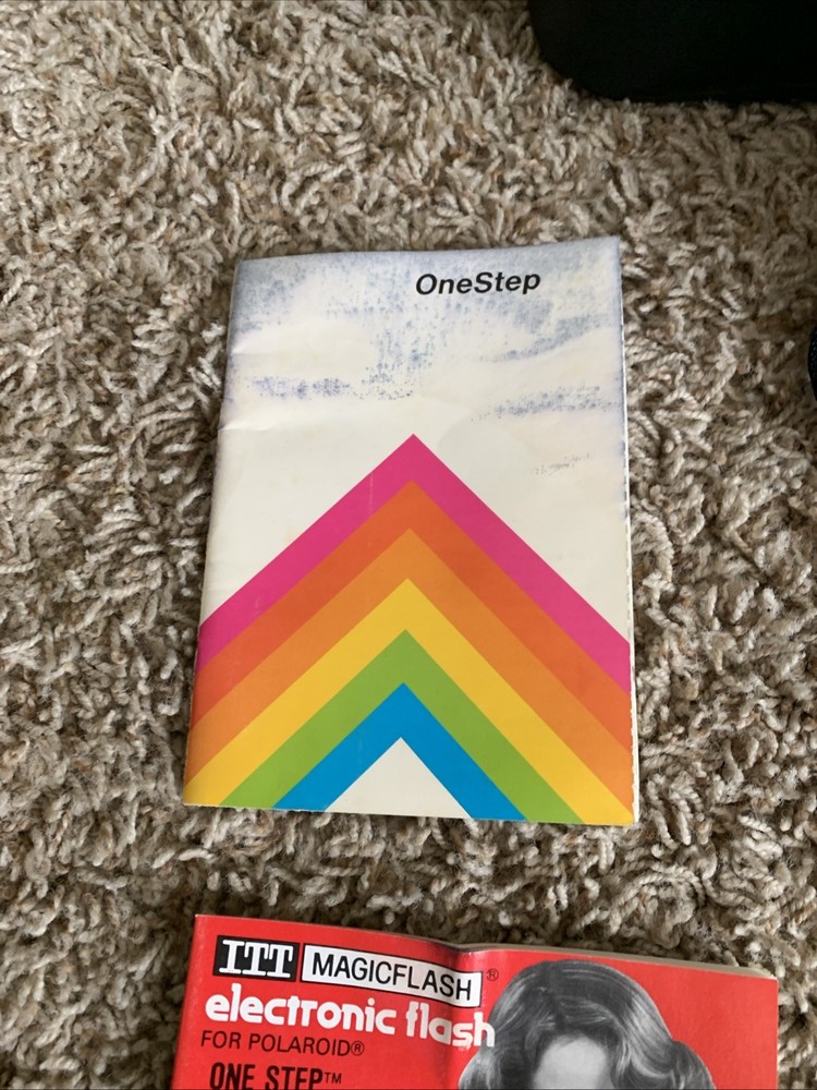 VTG Polaroid Rainbow Stripe One Step Land Instant Camera, ITT Magic Flash & Case