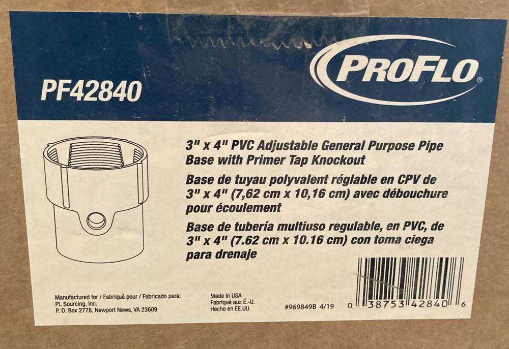 PROFLO PF42840 3" - 4" Adjustable PVC Drain Base with Primer Tap Knockout
