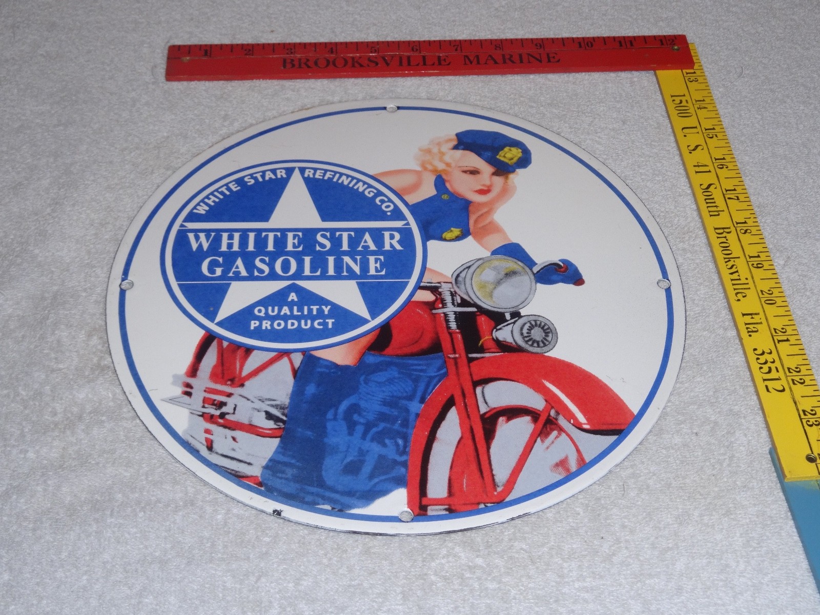 VINTAGE WHITE STAR GASOLINE "WOMAN ON MOTORCYCLE" 12" PORCELAIN METAL MOBIL SIGN