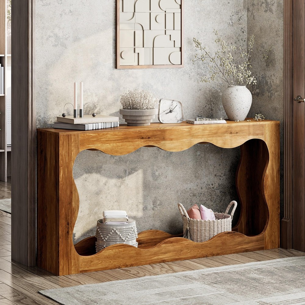 63 inch Farmhouse Console Table with Storage & LED Light, Long Sofa Table Beh...