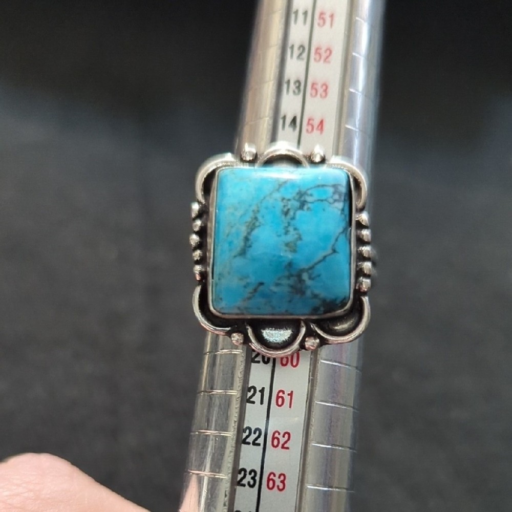 Silver Plated Blue Turquoise Gemstone Square Statement Ring - Size 8-10