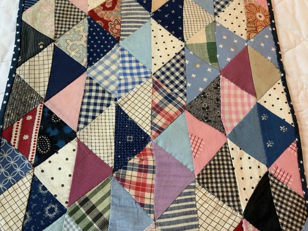 Vintage Antique Patchwork Quilt Table Topper, Early Calicos, Triangles, Multi