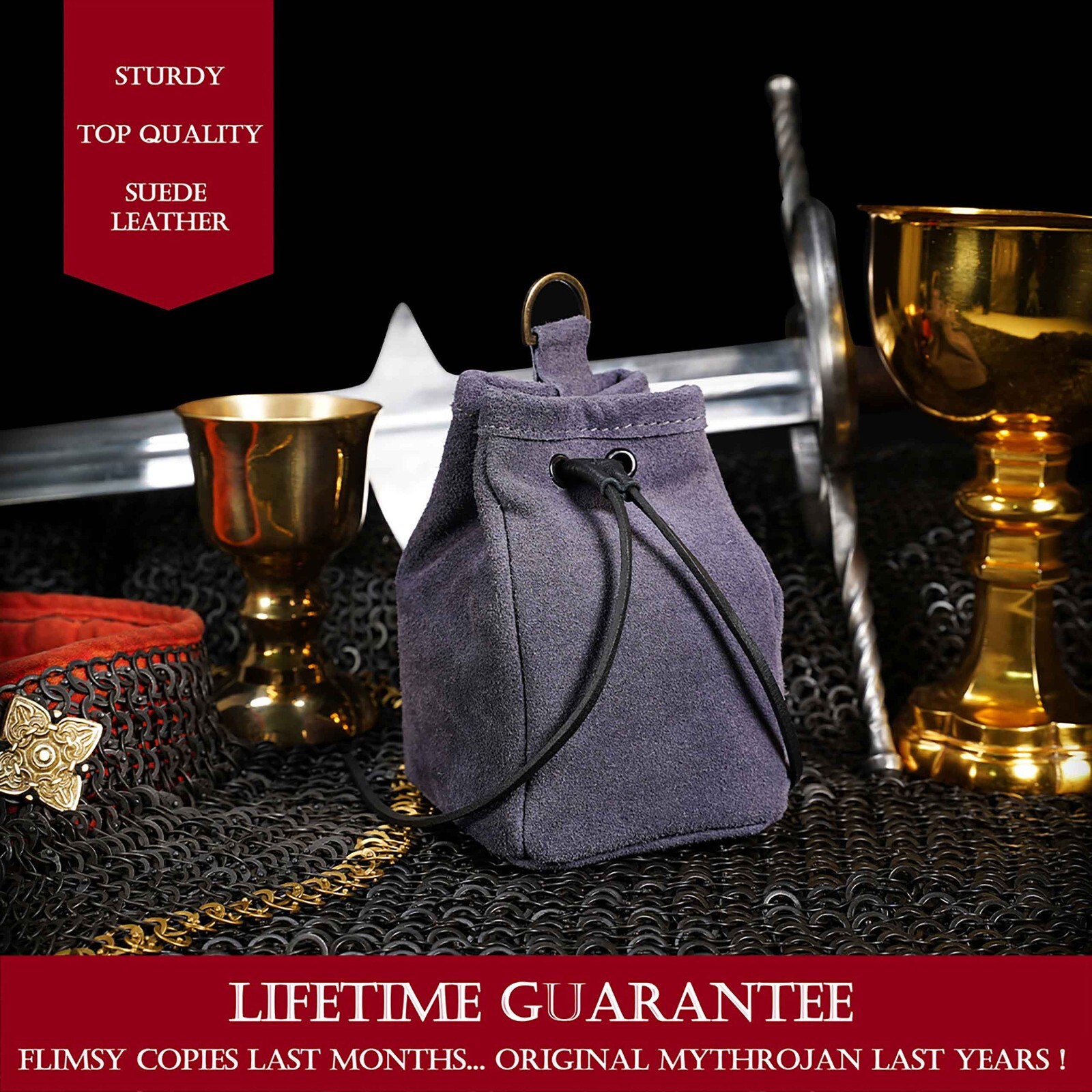 Medieval Belt Pouch Renaissance Accessories Suede Bag for LARP Cosplay - Blue