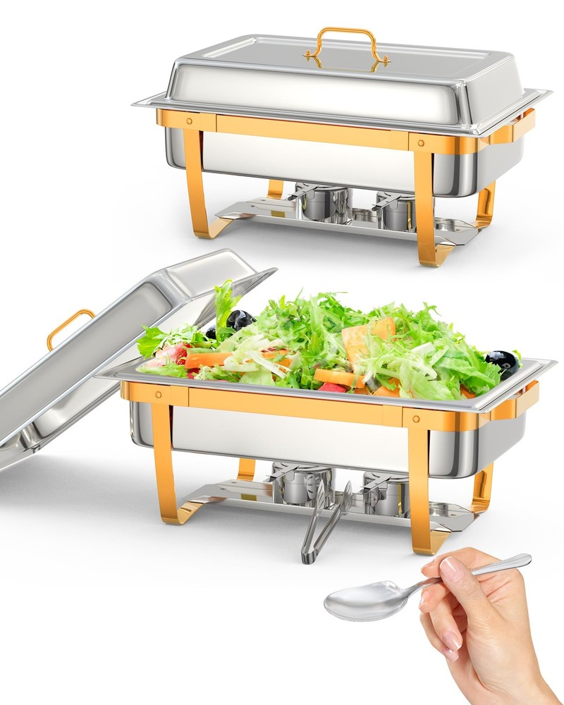 Steel Chafing Dish Buffet Set – 2 Pack 8.45QT & 8QT Rectangular Stainless Gold