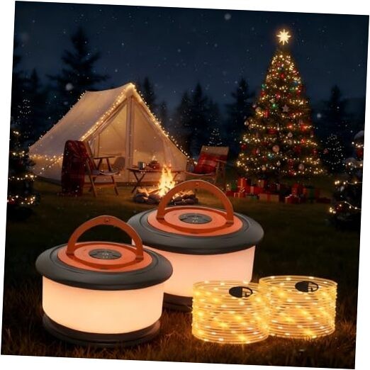 Camping String Lights, 4-in-1 Quick Storage Rechargeable Tent 2 Pack Orange