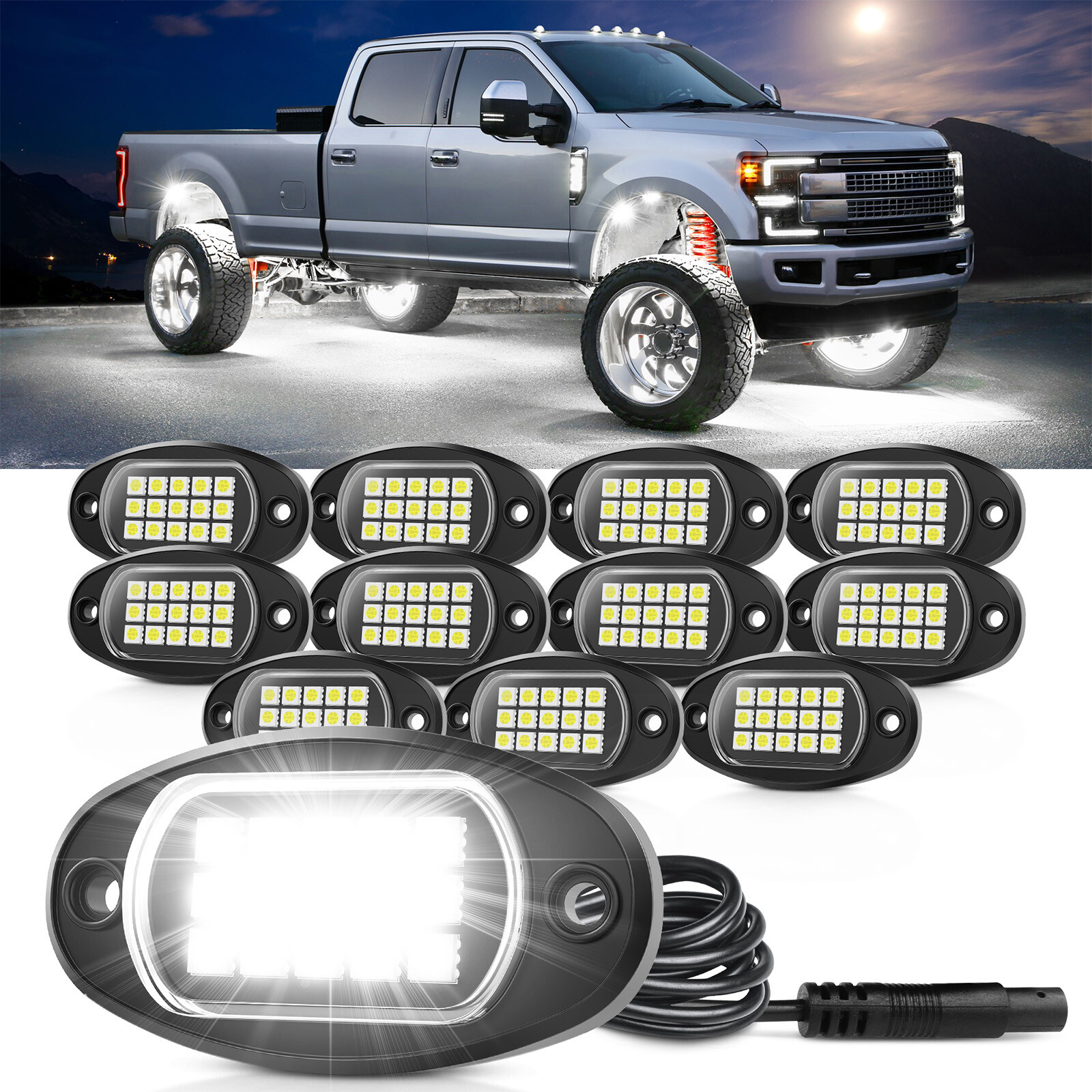 12 PCS Pure White LED Rock Lights, Waterproof Underglow Underbody Lighting Kit