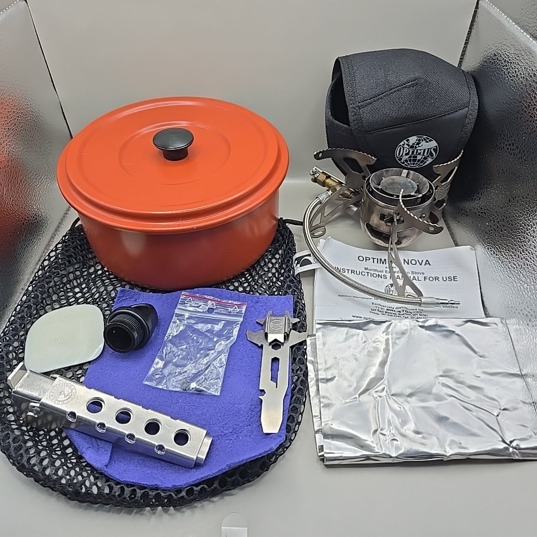 Optimus Camping Cook Set- Nova Stove, Storage Bags, Red Pan And Lid, Handle