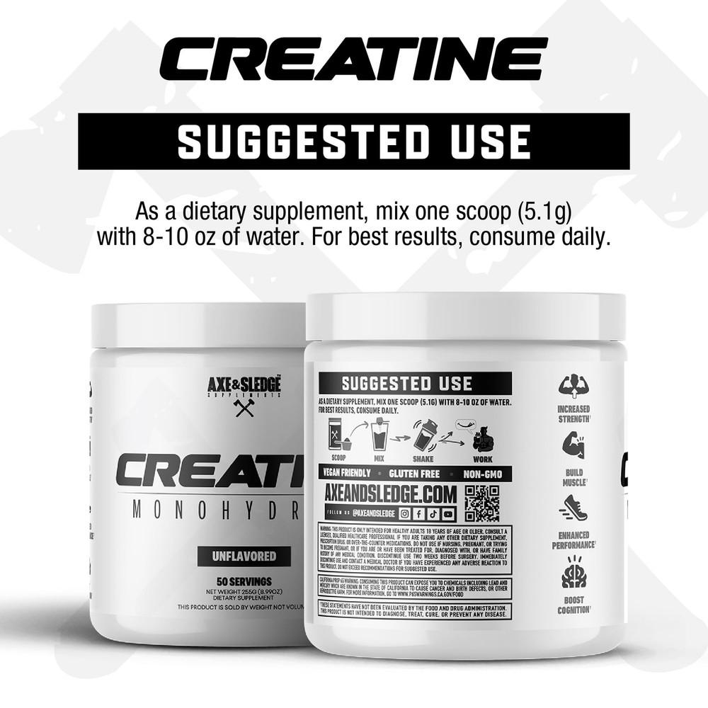 Axe & Sledge Basics Creatine | Unflavored, Enhances Strength & 50 Serving