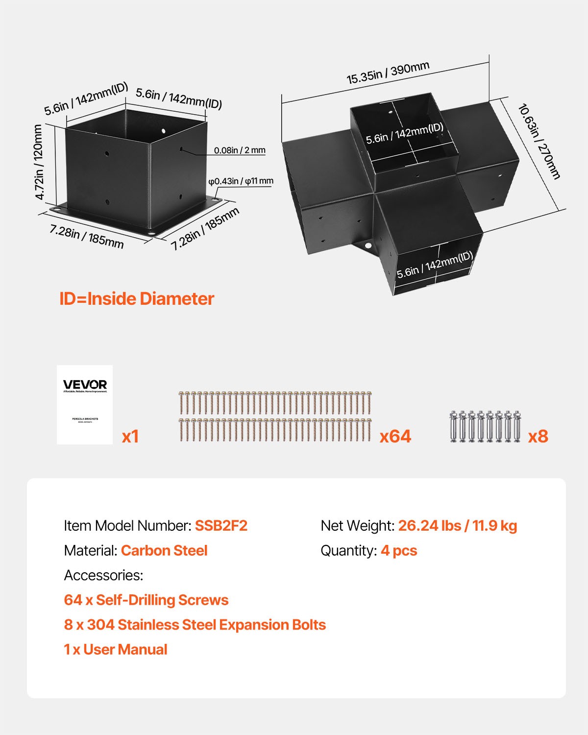 VEVOR 6x6" Pergola Bracket Kit Inner 5.5x5.5 4-Way Woodworks DIY Post 2 pcs