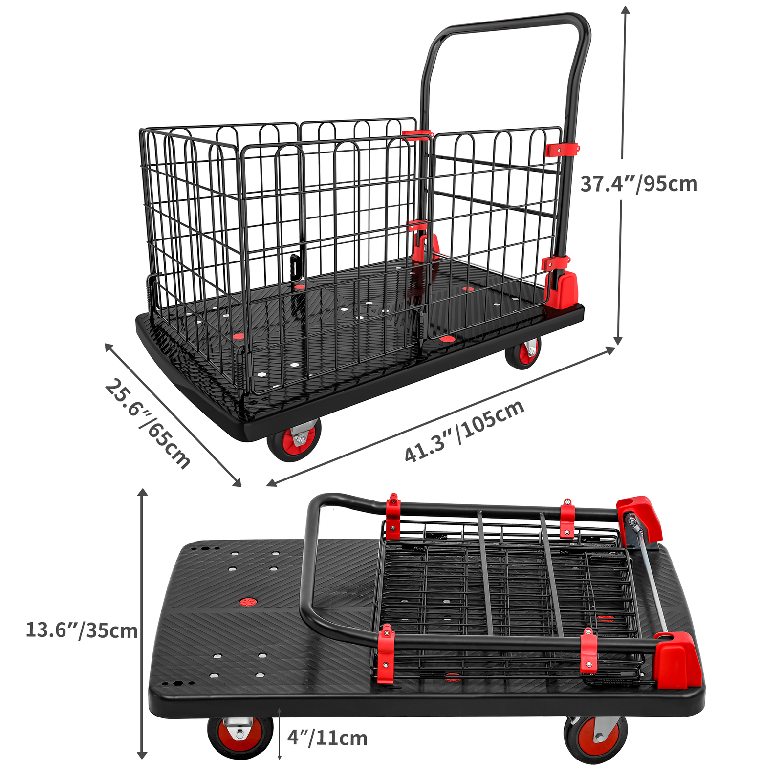 880LBS Platform Truck Cart Folding Dolly Cart Trolley Fence with Removable Cage