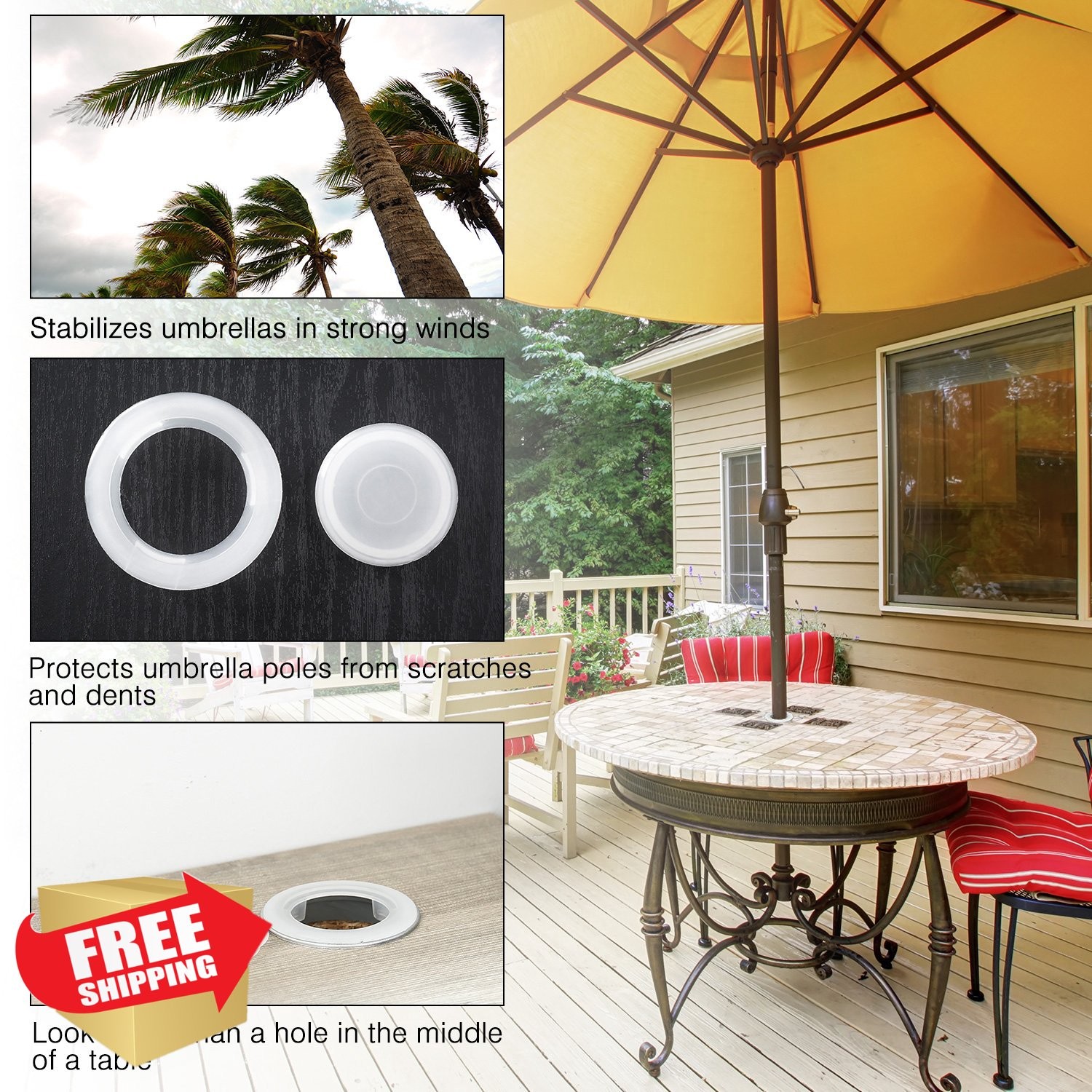 Bememo Patio Umbrella Hole Ring and Cap Set, Translucent Table Insert