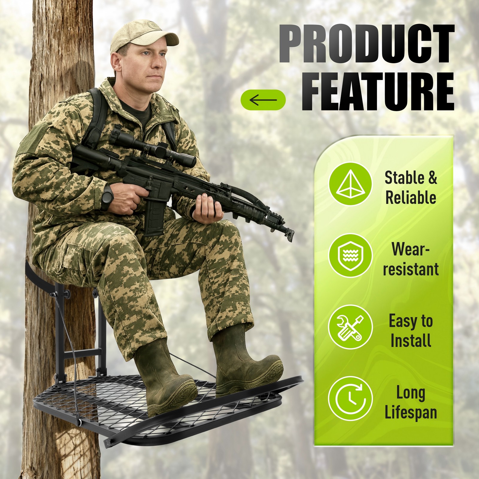 Lightweight Steel Hang-On Tree Stand Platform 26x32" W/ Flip-Back Seat 300LBS