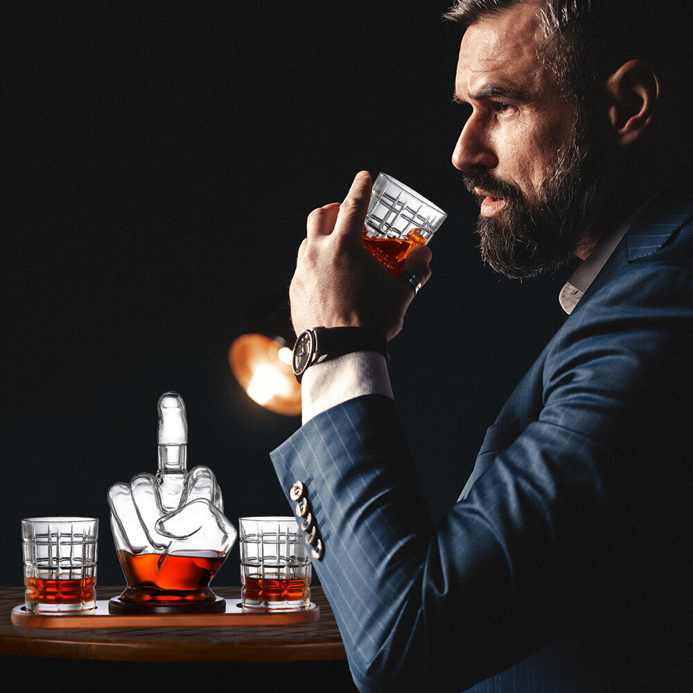 The Diamond Glassware Middle Finger Whiskey Decanter Set.