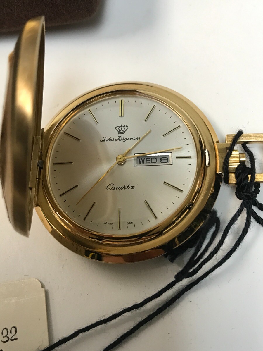 Rare NOS 1970s Jules Jurgensen Gold Tone White Dial Day Date Pocket Watch 6062Q