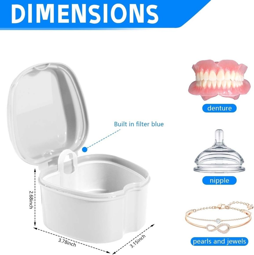 White Denture Bath Case Cup Box Holder Storage Soak Container with Strainer B...