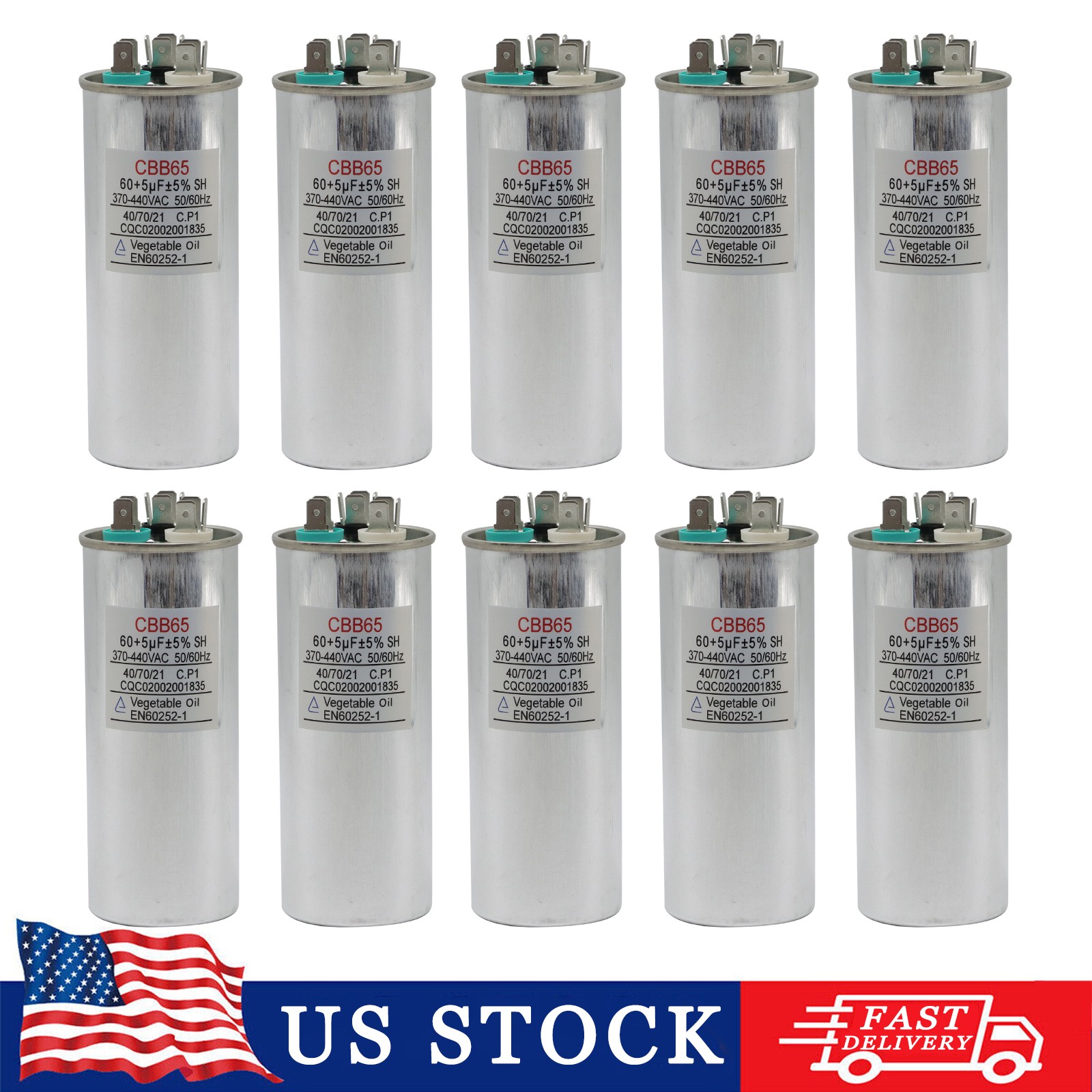 60/5 uF 60+5 MFD Capacitor 370 440 VAC Dual Run Capacitor AC Universal -10 Pack