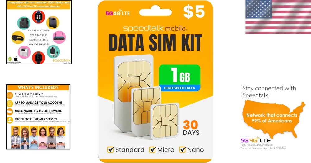 Data SIM Card Kit - 1GB 4G LTE Internet with No Contract & Live Support Access