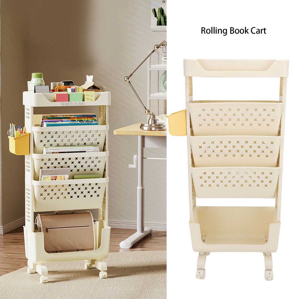 Rolling Book Cart 5 Tier PP Multi-Functional Movable Storage Book Rack White