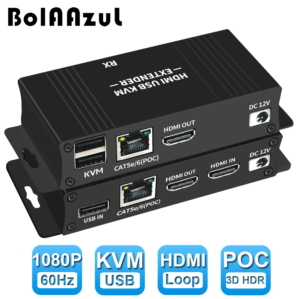 60M HDMI KVM Extender over Ethernet Cat5e/6 KVM USB POC Cable HDMI Loop Extender