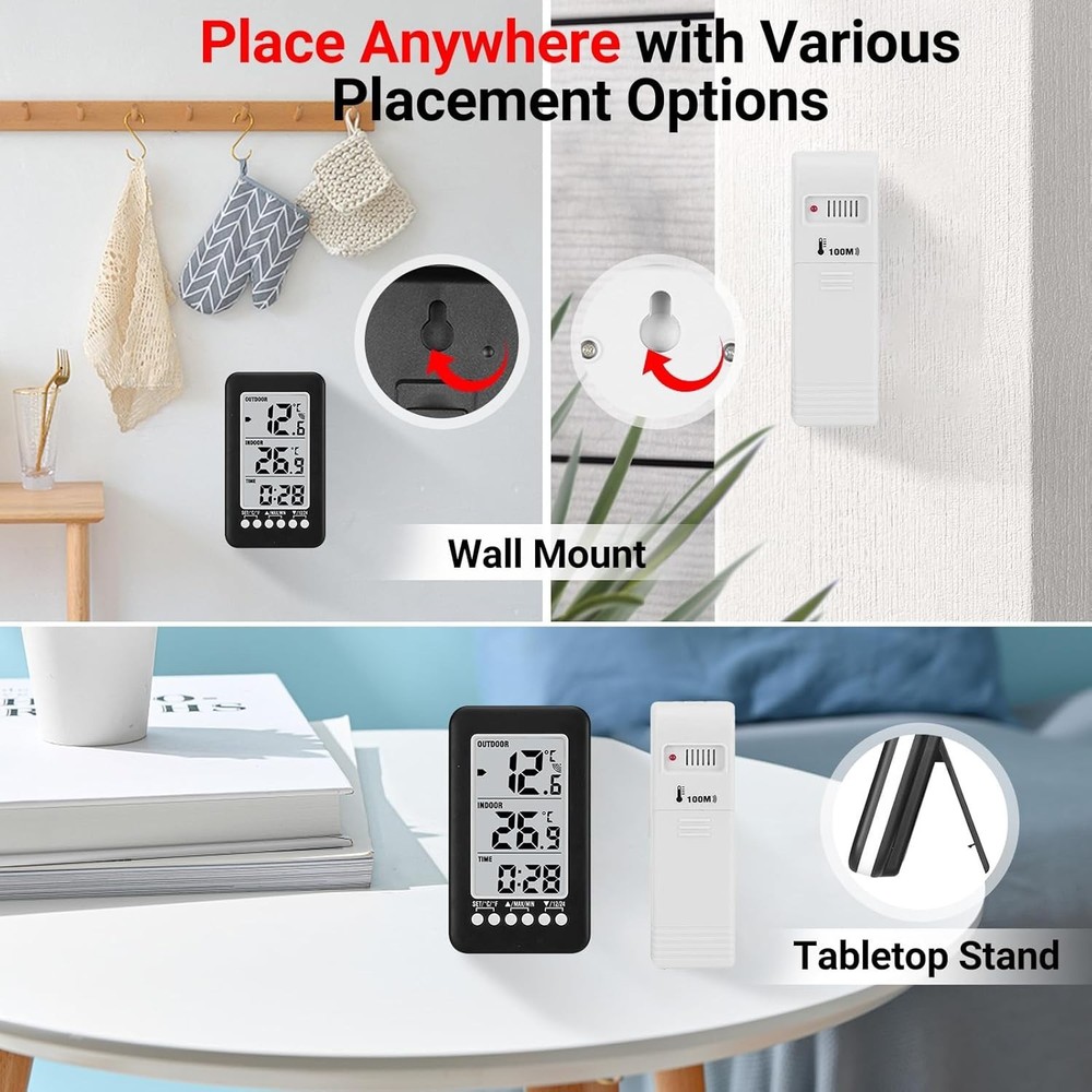 Digital Thermometer Clock Temperature Indoor/Outdoor Wireless Transmitter Meter