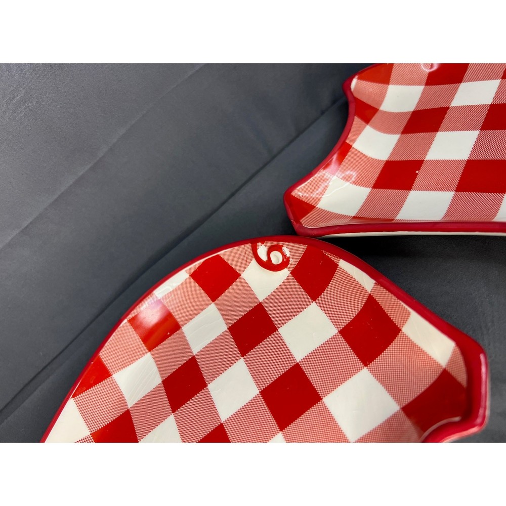 Set of 2 Ceramic Pig Plates Red Gingham Pattern