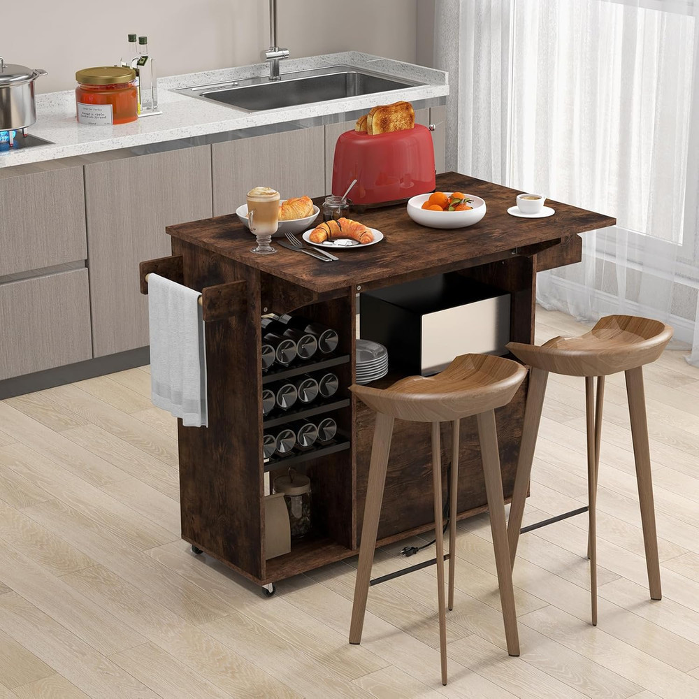 Rustic Brown Rolling Kitchen Island Cart with Drop-Leaf & Power Outlet