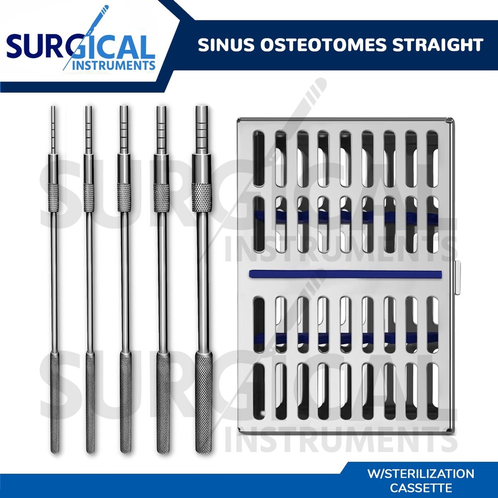 5 Pcs Sinus Osteotomes Concave Straight With Sterilization Cassette German Grade